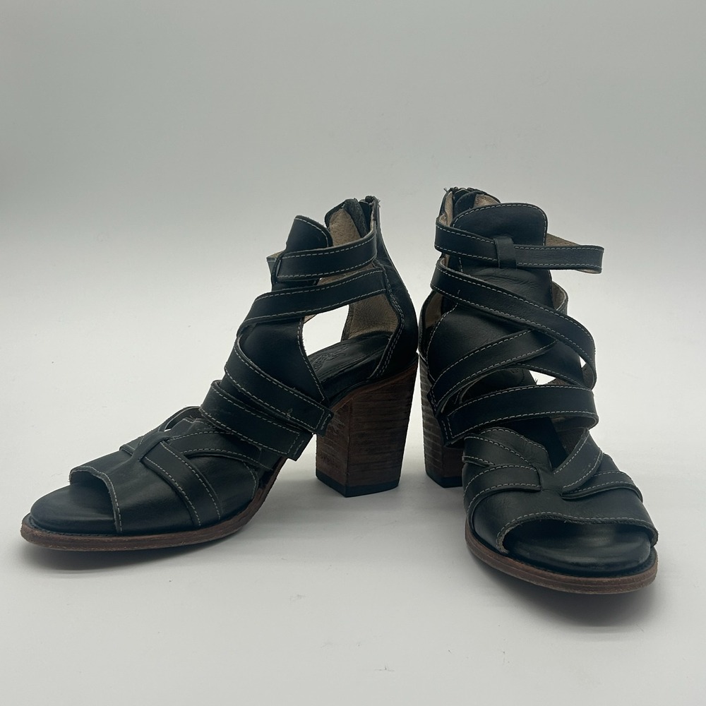Freebird by Steven Claw Black Leather Strappy Gladiator Heeled Sandals Womens 9